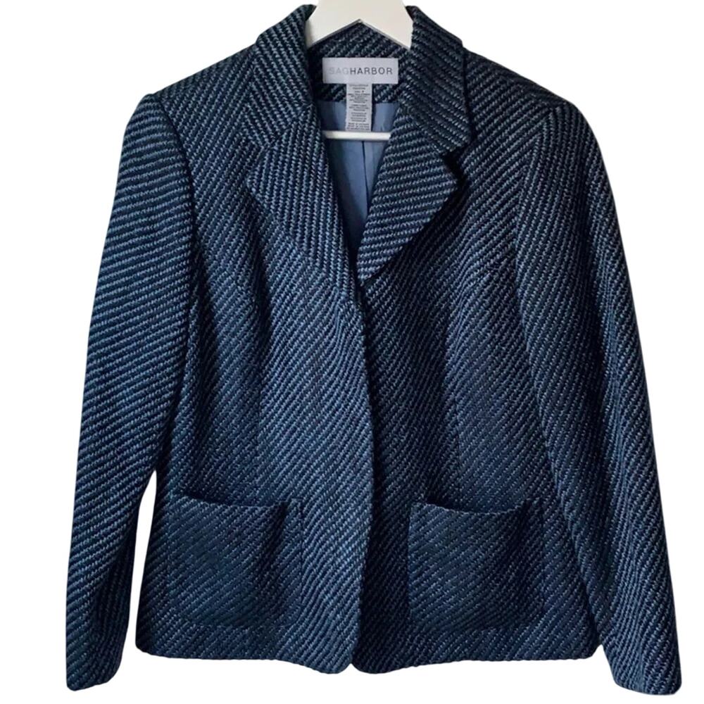 Sag Harbor Women’s Blue Stripe Tweed Classic Jacket Blazer Coat Sz 8